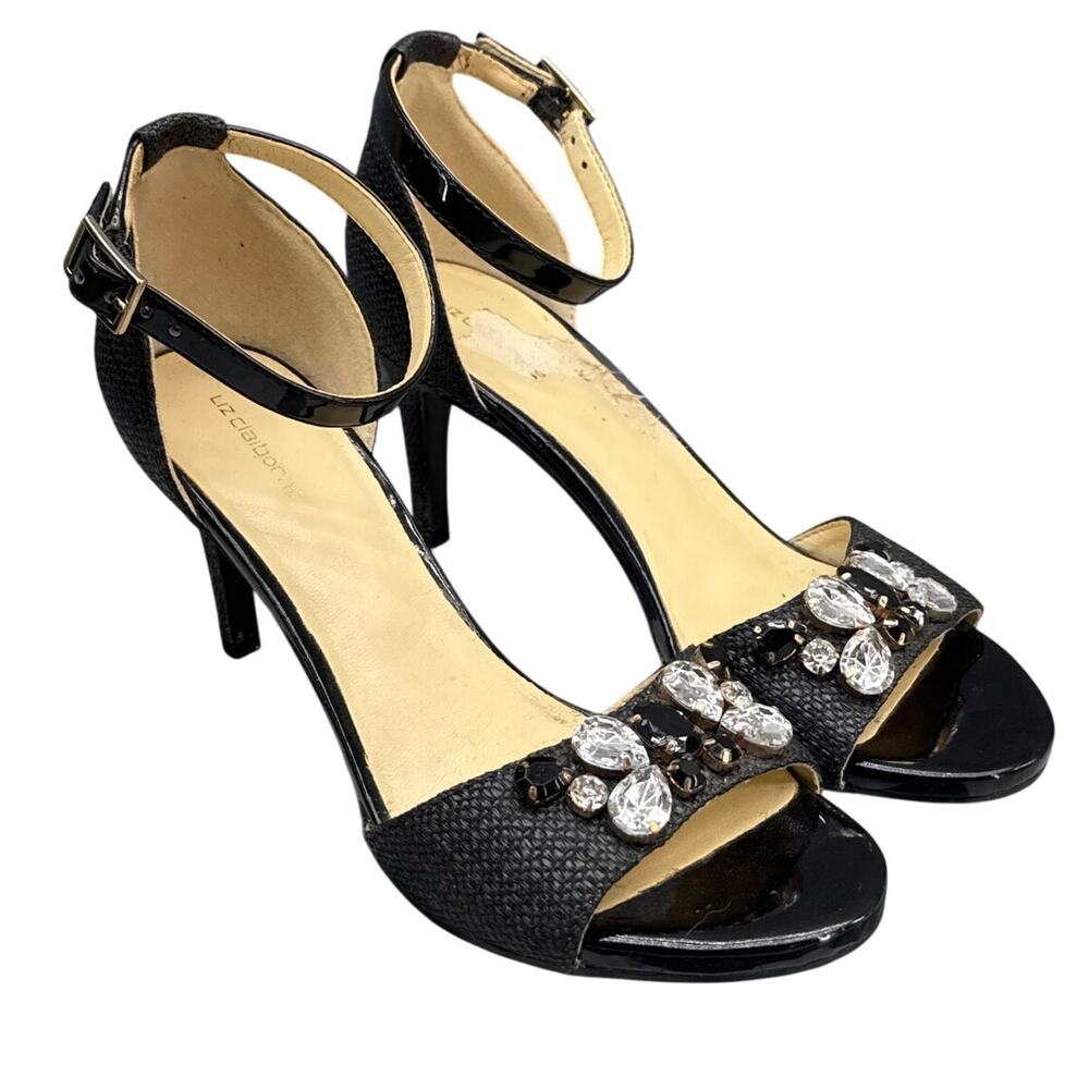 Liz Claiborne Heidy Black Silver Jeweled Ankle Strap Open Toe Pump Women 6.5